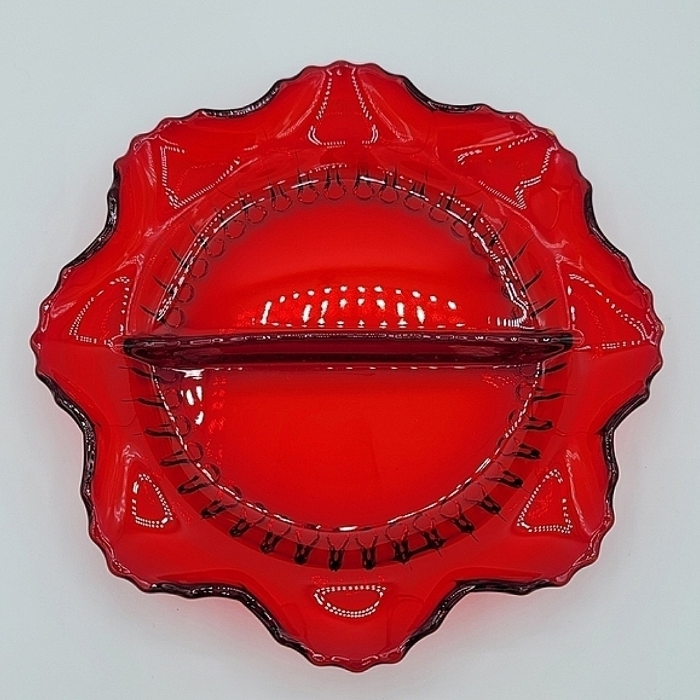 Vintage Red Glass Scalloped Wavy Divided Dish #1389